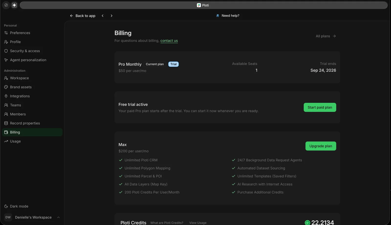 Ploti Billing page with Pro Monthly marked as the current plan and Trial, one available seat, a Max upgrade option, and a Ploti Credit balance of 22.2134.
