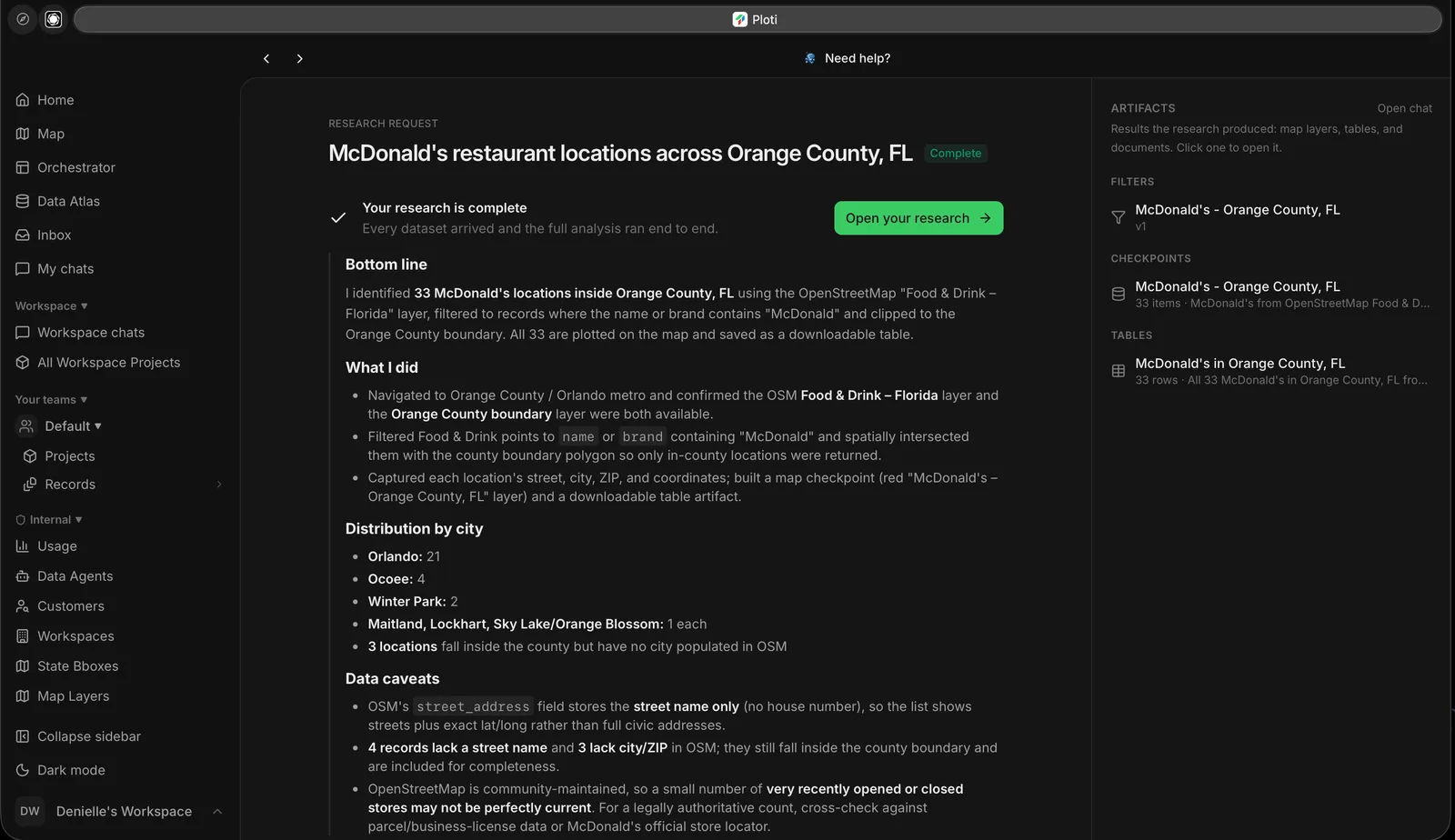 Completed research request for McDonald's locations across Orange County, Florida, showing the summary and data caveats beside filter, checkpoint, and table artifacts.