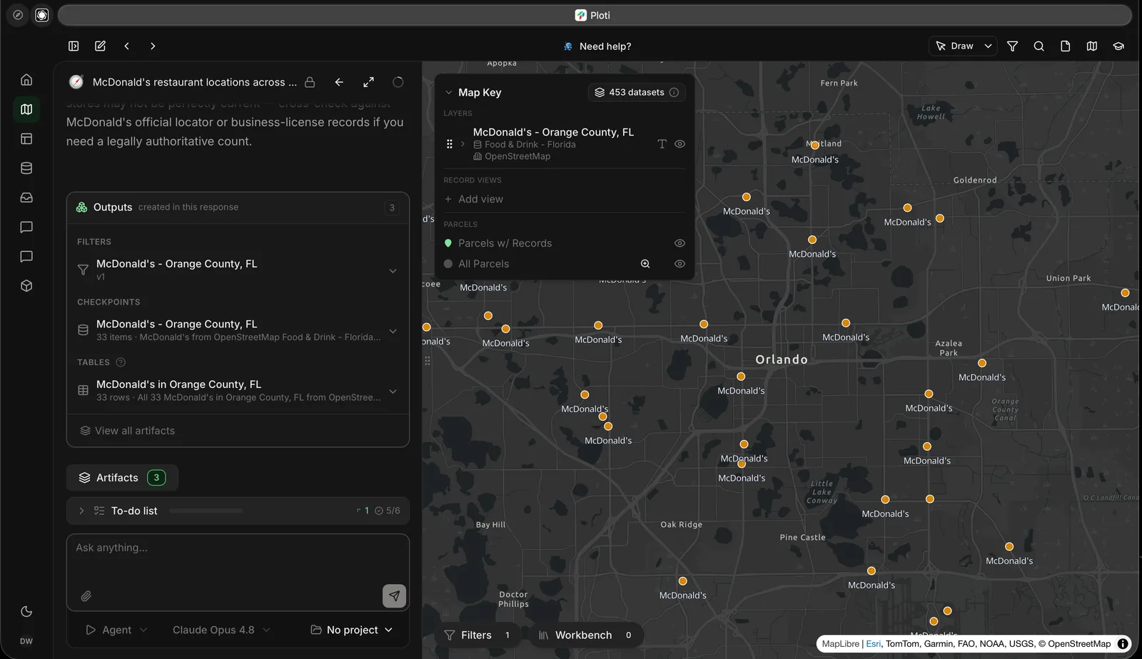 Ploti map showing McDonald's locations across the Orlando area, with the research filter, checkpoint, and table on the left and the result layer in the Map Key.